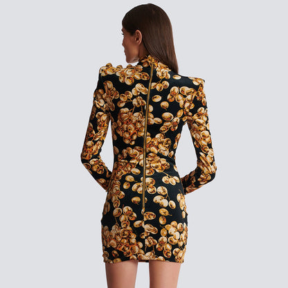 LOVEVOP popular  Gold Velvet Printed  Long Sleeve Slim Dress Autumn and Winter New Retro Bottom Women's Clothing