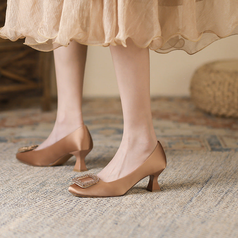 2025 6388-1 square head satin high heels women's 2025 new thin heel solid color women's shoes wear rhinestone square buckle shoes