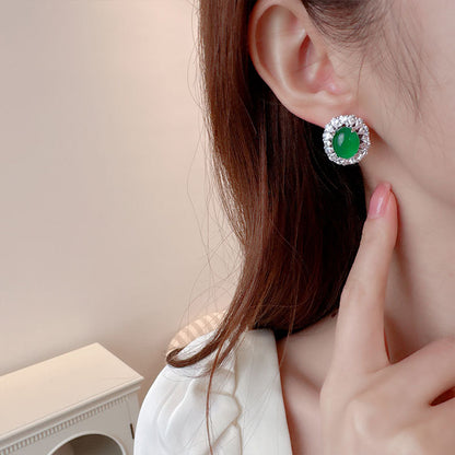 2025 New Chinese style Guochao temperament earrings light luxury retro natural ice green chalcedony earrings women's high-end oval earrings