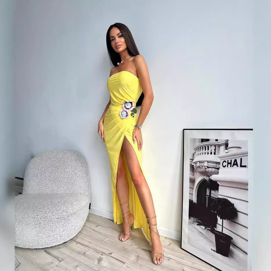LOVEVOP popular  summer new fashionable yellow three-dimensional embroidered dress long tube top dress  women's clothing