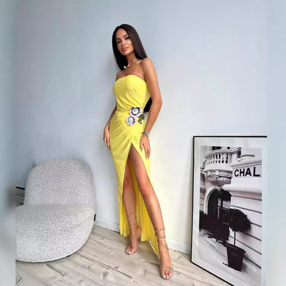 LOVEVOP popular  summer new fashionable yellow three-dimensional embroidered dress long tube top dress  women's clothing