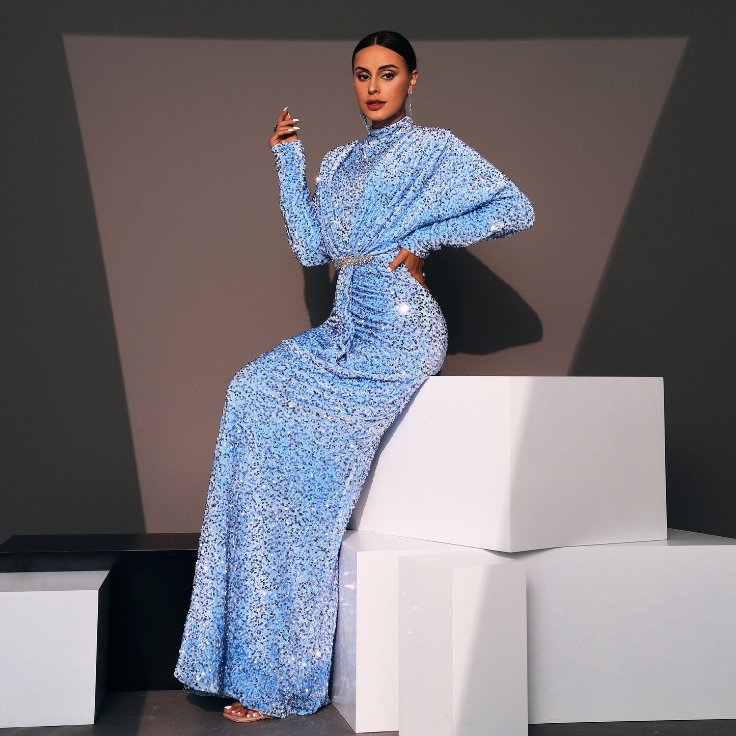 2025 high-end temperament long-sleeved sexy long sequined crew neck banquet evening dress bridesmaid dress women