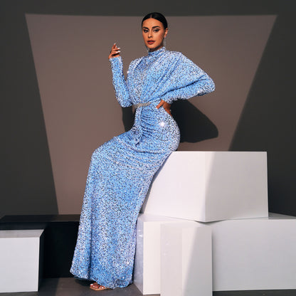 2025 high-end temperament long-sleeved sexy long sequined crew neck banquet evening dress bridesmaid dress women