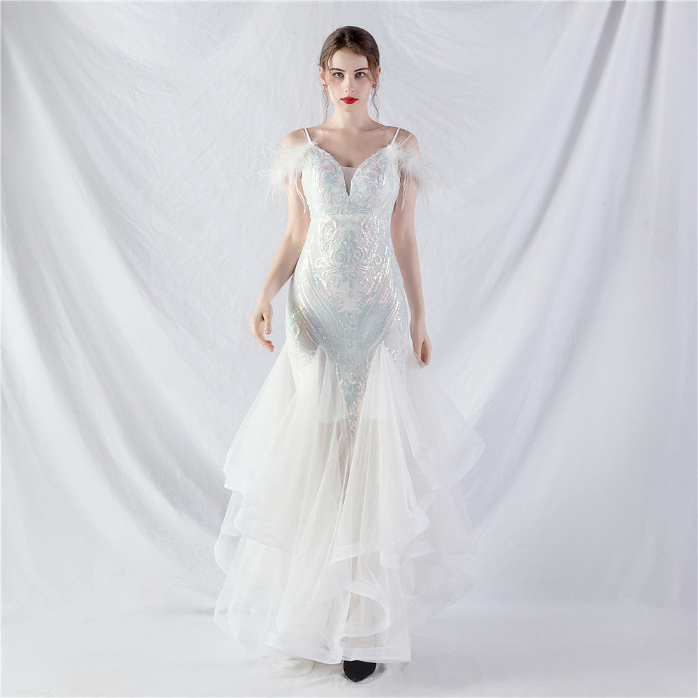 31983 #New craft order ostrich hair hard mesh positioning flower beads splicing mesh yarn dance performance dress skirt