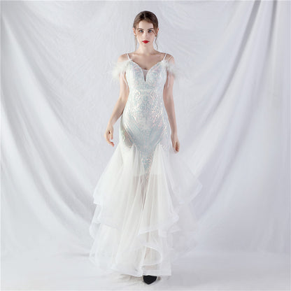 31983 #New craft order ostrich hair hard mesh positioning flower beads splicing mesh yarn dance performance dress skirt