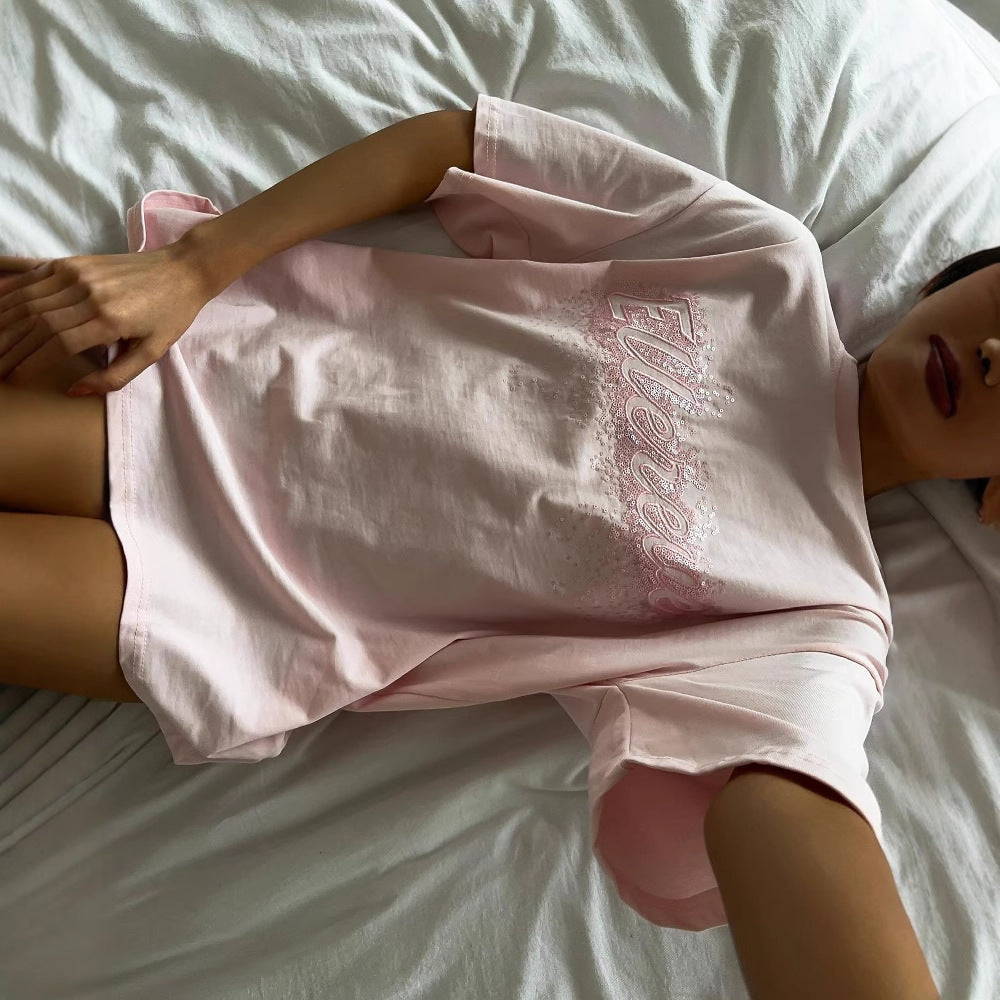 Summer outer wear women's ins style  loose casual trend top design sense bead piece letter short sleeve T-shirt women's clothing