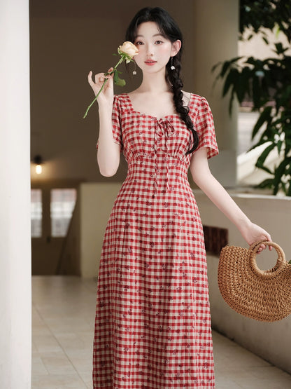 great-looking waist pinched retro red plaid dress temperament waist plaid skirt summer beautiful small skirt
