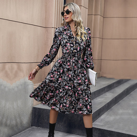 LOVEVOP New Hot Trade Tie Skirt Hot Autumn New 2025 Cross-border Long Sleeve Floral Dress