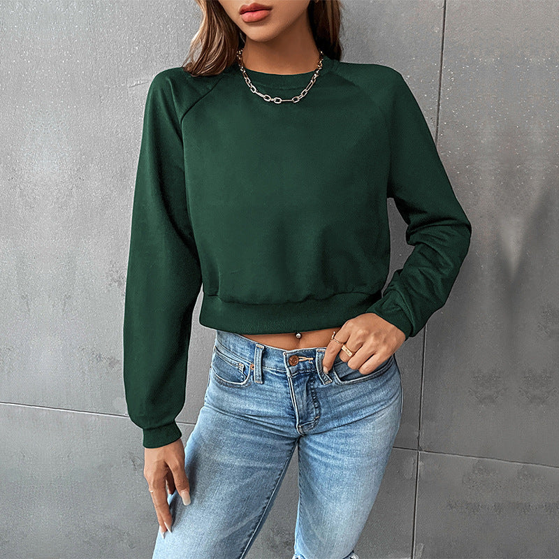 LOVEVOP popular New Early Autumn Casual Sports Rough Sleeve Top Hot Trade Color Matching Short Navel Crew Neck Pullover Sweater