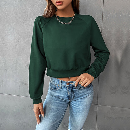 LOVEVOP popular New Early Autumn Casual Sports Rough Sleeve Top Hot Trade Color Matching Short Navel Crew Neck Pullover Sweater