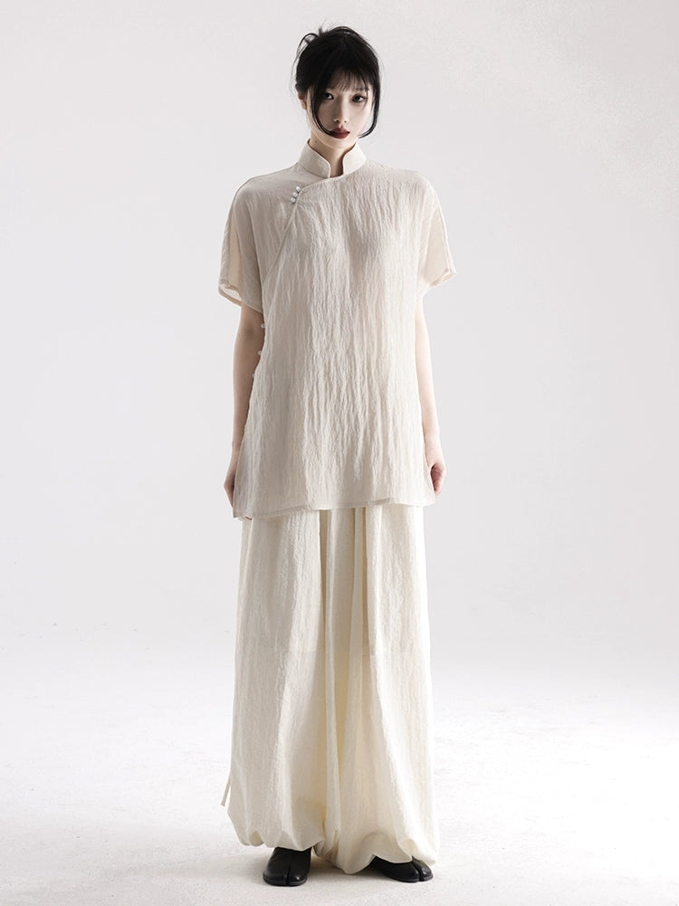 APOZi collection untitled landscape series stand-up collar diagonal silk one-piece new Chinese top women