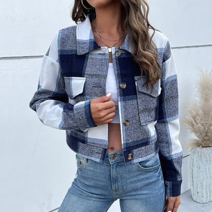 LOVEVOP women's clothing New3 autumn and winter 2025  trade short plaid cardigan shirt retro jacket jacket