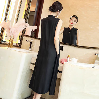 Sleeveless cheongsam dress  summer new hand-painted elegant national style women's literary and retro Zen Chinese dress