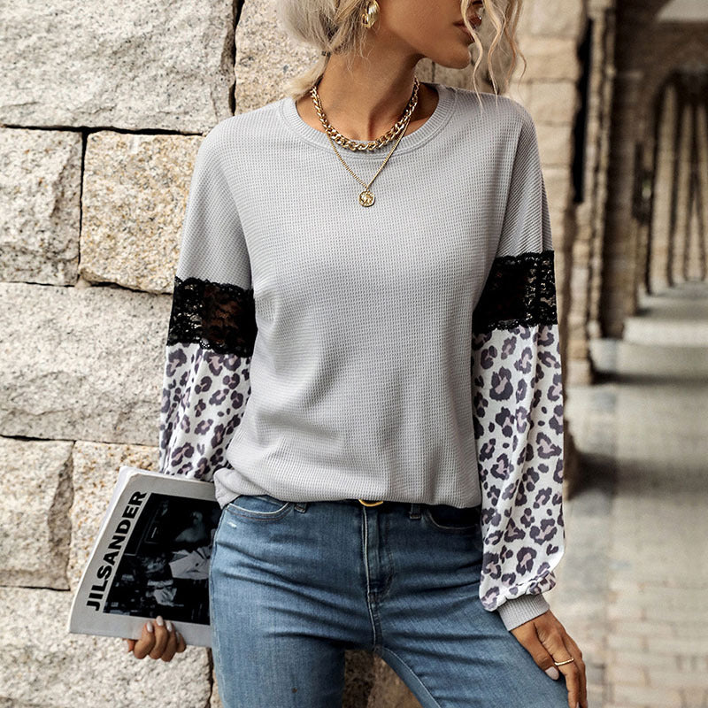 LOVEVOP popular autumn and winter 2025 Popular trade lace splicing top female leopard print long sleeve contrasting color  New knitted female