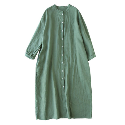 Japanese literary stand-up collar long shirt skirt  summer new Mori age-reducing loose cotton and linen robe dress