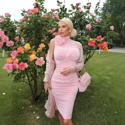 LOVEVOP 2023 summer pink sleeveless flower shrink pleated hip skirt  temperament niche women's elastic dress long