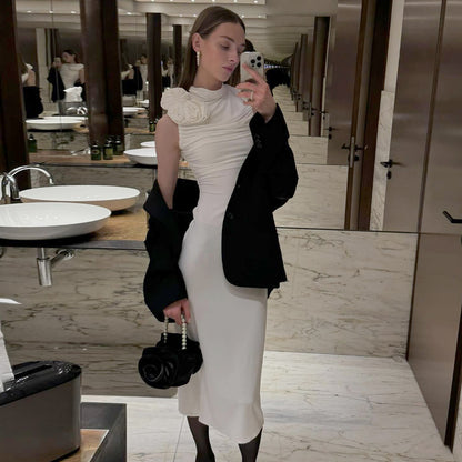 LOVEVOP popular new long dress sleeveless pleated three-dimensional flower design sense hip white temperament  women's dress