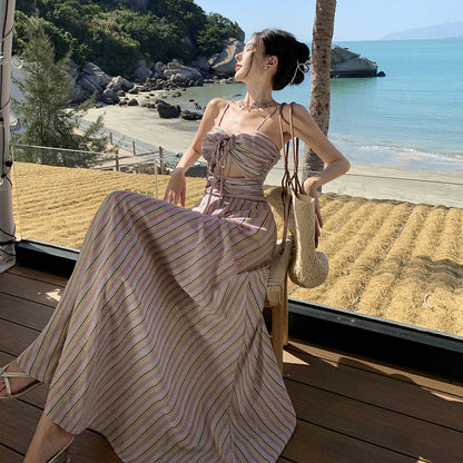 2025 Xiaohongshu same holiday style hollow lace-up high waist striped suspender dress summer seaside beach dress