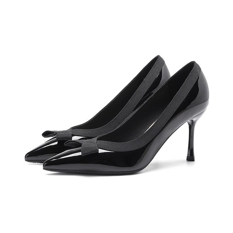 2025 811-16 Patent leather bow single shoes women's pointed head stiletto high heels women's shallow mouth professional commuter high heels single shoes