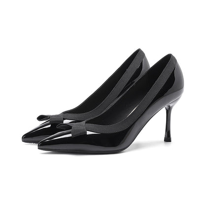 2025 811-16 Patent leather bow single shoes women's pointed head stiletto high heels women's shallow mouth professional commuter high heels single shoes