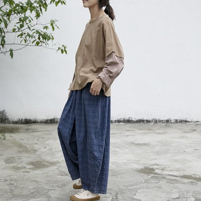 Spring and Autumn Linen Long Sleeve Cotton and Linen Loose Women's Small V-Neck T-Shirt Simple and Comfortable Khaki Sleeve Top