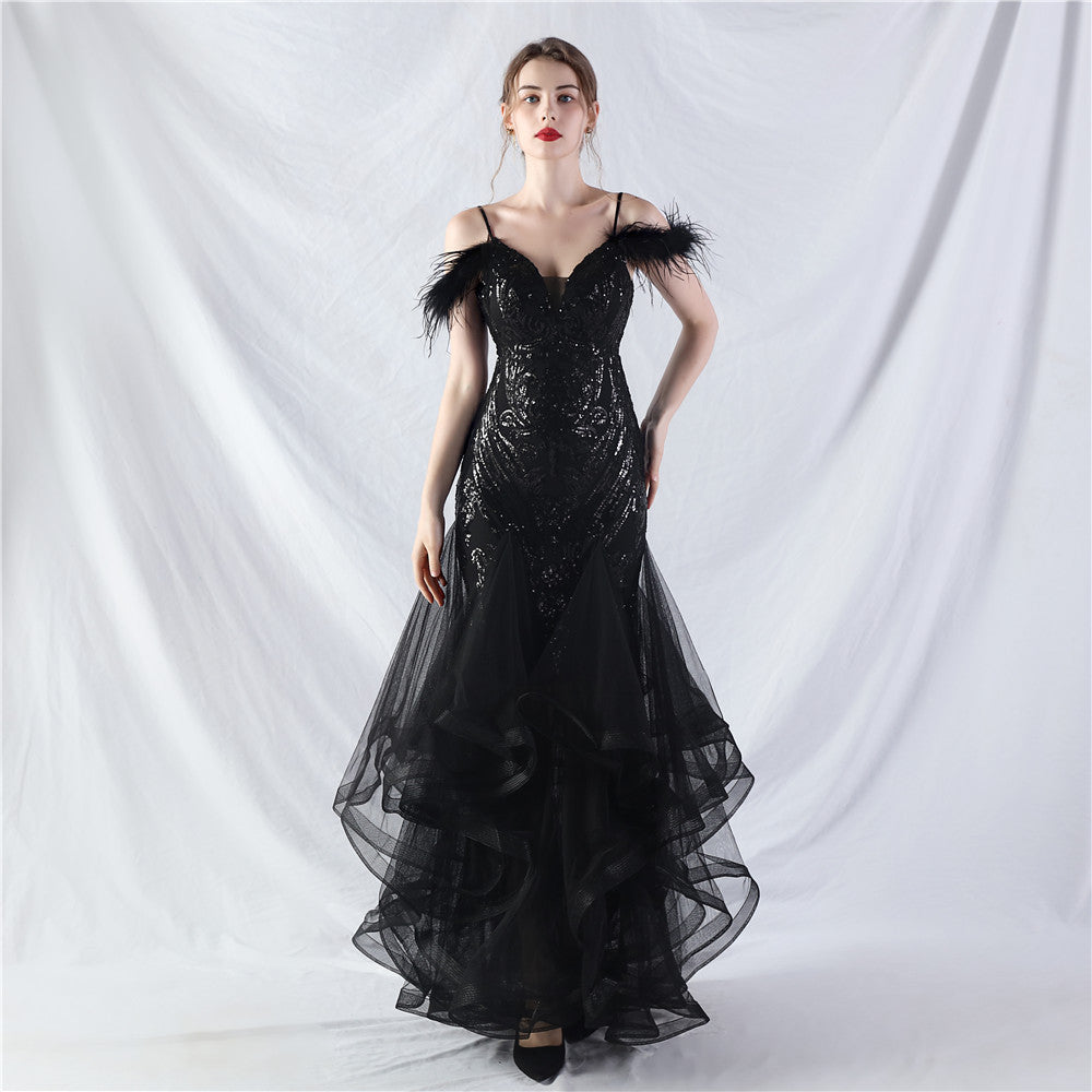 31983 #New craft order ostrich hair hard mesh positioning flower beads splicing mesh yarn dance performance dress skirt