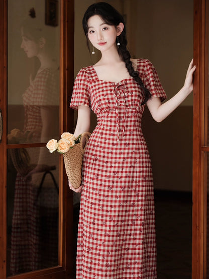 great-looking waist pinched retro red plaid dress temperament waist plaid skirt summer beautiful small skirt
