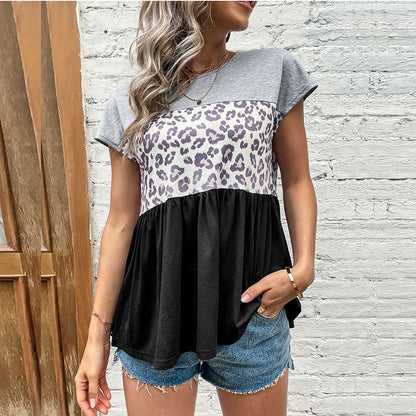 LOVEVOP popular new 2025 tops casual splicing leopard print loose round neck short-sleeved T-shirt women