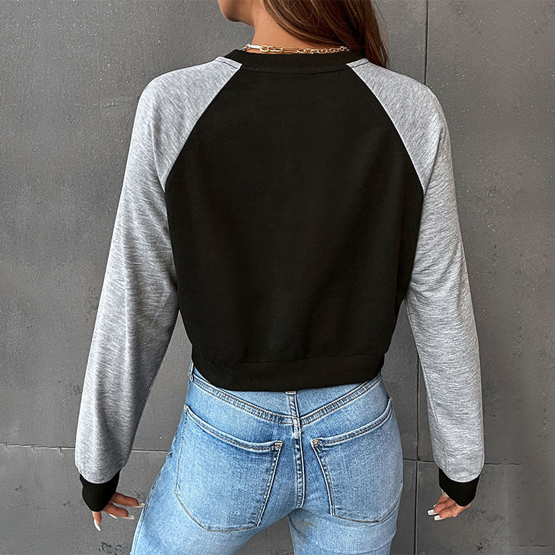 LOVEVOP popular New Early Autumn Leisure Sports Ragged Sleeves BM Hot Trade Color Matching Short Navel Crew Neck Pullover Sweater