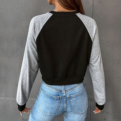 LOVEVOP popular New Early Autumn Leisure Sports Ragged Sleeves BM Hot Trade Color Matching Short Navel Crew Neck Pullover Sweater
