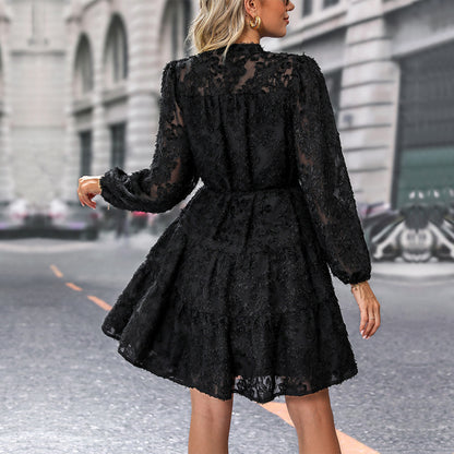 LOVEVOP New Hot Trade Black Skirt Hot Autumn New 2025 Jacquard Long Sleeve Cross-border Dress