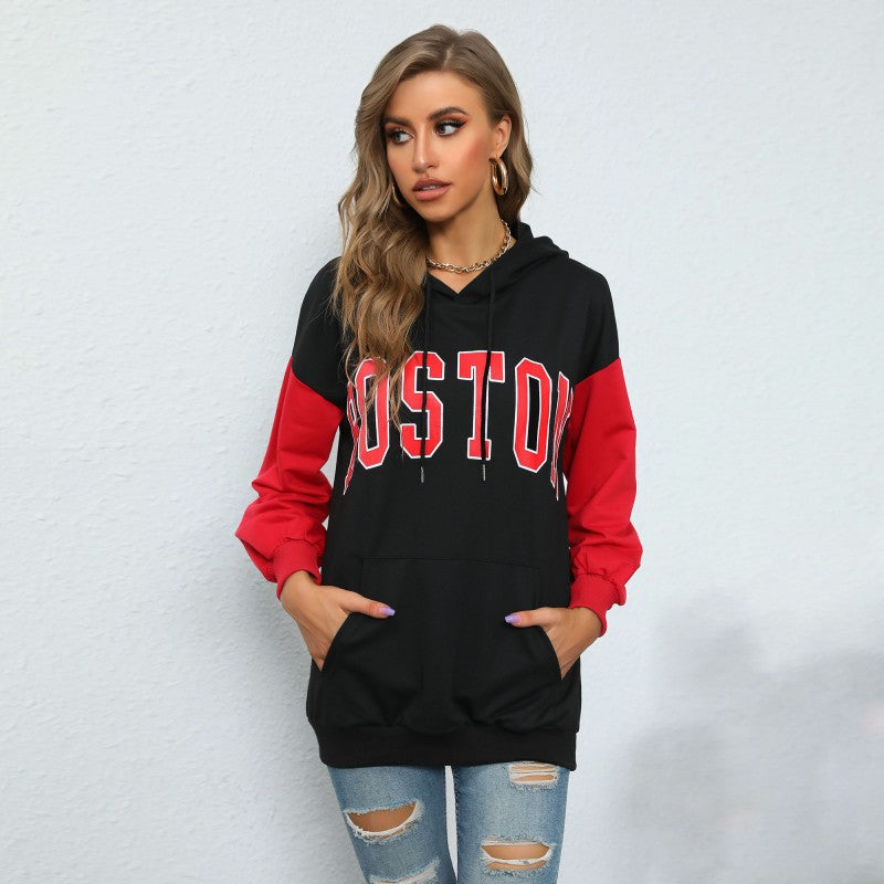 LOVEVOP New popular autumn contrasting color hoodie 2025 letter printing casual sports hooded sweater women
