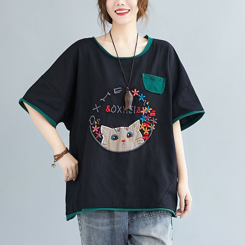 150Kg extra large size women's clothing  new literary and retro loose and thin embroidered T-shirt women's fat mm summer top