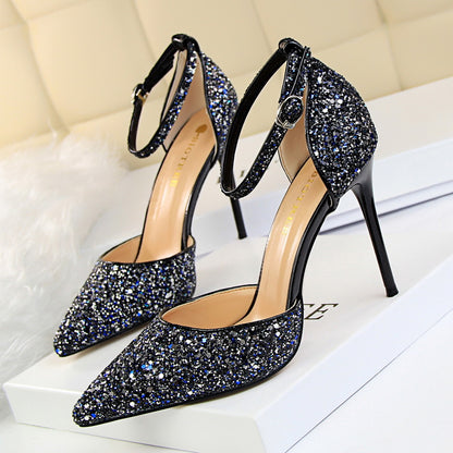 2025 283-A1  sexy nightclub women's shoes high heel shallow mouth pointed metal thin heel with sequined hollow sandals