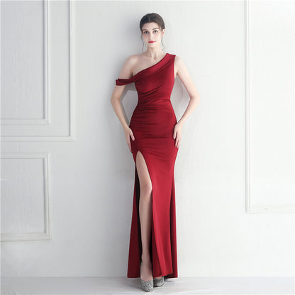 19637 #Hot trade explosion bridesmaid etiquette wedding formal settings single shoulder oblique collar slim long evening dress