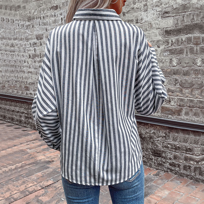 LOVEVOP Hot autumn new 2025 striped cardigan shirt long-sleeved commuter  lapel shirt women