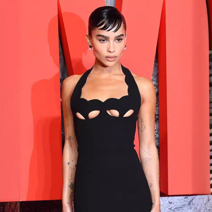 LOVEVOP  retro  black long dress neck hollow high-end sexy inner with autumn and winter design bandage dress