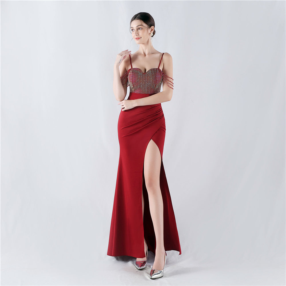 33022 #Popular trade new hot diamond beads high fork satin sexy suspender evening dress
