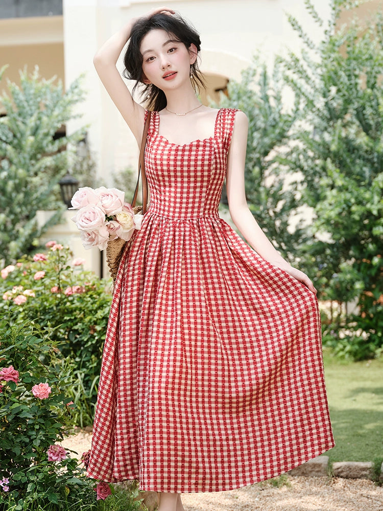 retro red plaid dress women's summer new design sense niche waist and thin sleeveless vest skirt