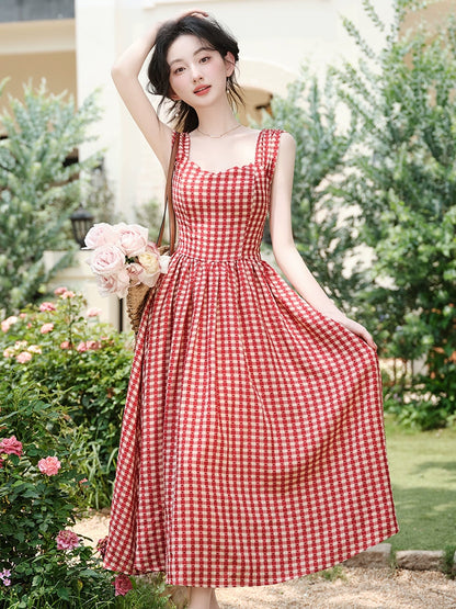 retro red plaid dress women's summer new design sense niche waist and thin sleeveless vest skirt