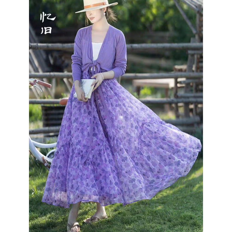 Literary and retro skirt women's  summer new fashion romantic ruffle edge purple versatile skirt