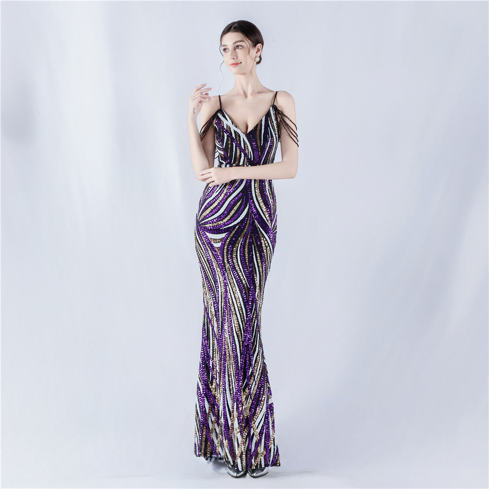 33028 #Hot trade new sequined striped color matching slim-fitting dinner host annual meeting suspender long dress women