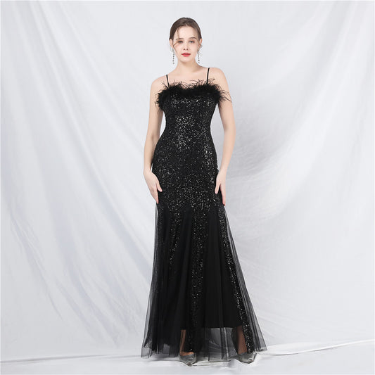 31852 #New Popular trade spot craft order ostrich hair mesh bead long evening dress