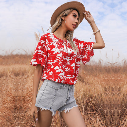 LOVEVOP New new loose-print lace-up short-sleeved lace splicing 2025 tops, red shirts, women's summer