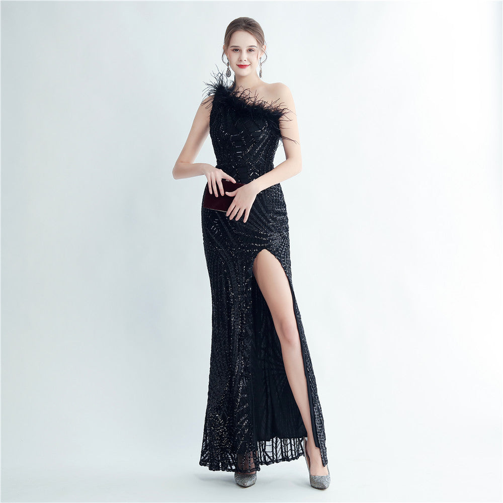 31215 #Popular trade 2025 high-density ostrich hair sequin positioning flower slanted shoulder collar high-end evening dress