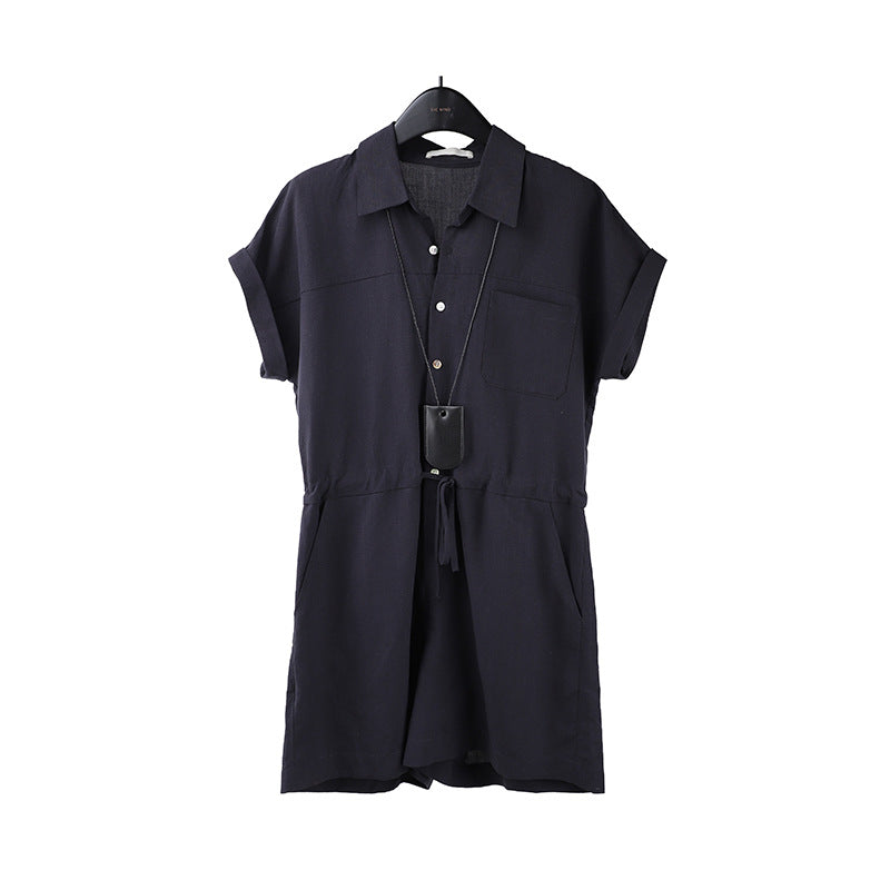 2025 THE MIND linen tencel short-sleeved jumpsuit women's 2025 summer simple wide-leg casual shorts T5022X