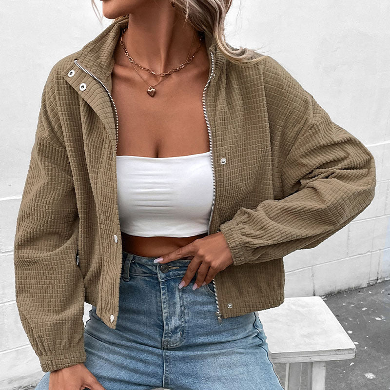 LOVEVOP Europe, America  Women's Clothing Hot Autumn and Winter New  Stand-Up Jacket Corduroy Europe and America Short Jacket Women