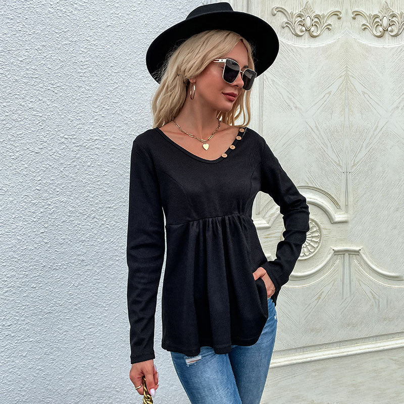 LOVEVOP Popular trade New new products autumn Middle East women's black v-neck button-pulled pleated bottomed knitted jumper