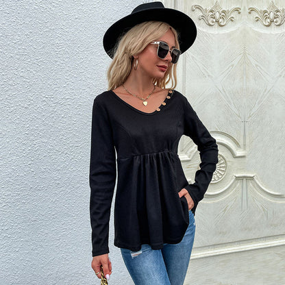 LOVEVOP Popular trade New new products autumn Middle East women's black v-neck button-pulled pleated bottomed knitted jumper