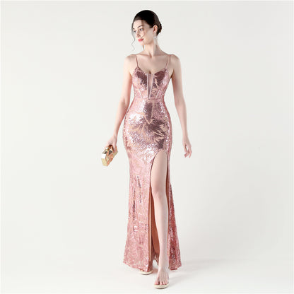 33265 #2025 new fishbone waist straps cross back design split sequined mermaid evening dress